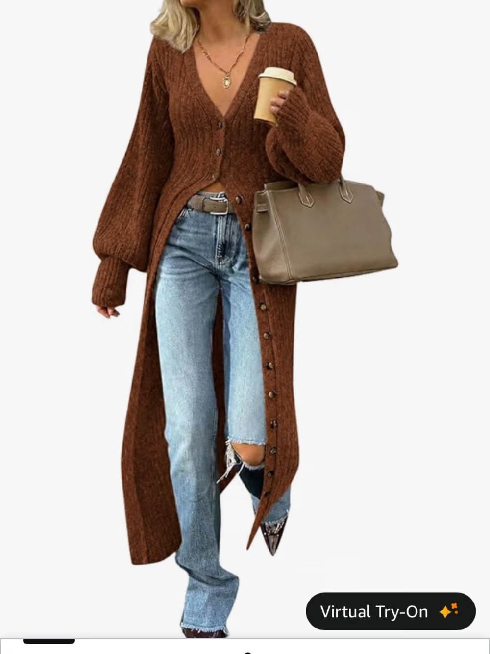 Long Brown Button-Front Women's Cardigan Sweater
